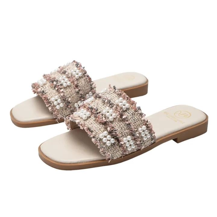 ขายดีที่สุด-ioztt2023-large-size-42-43-slippers-for-2022-sandals-flat-with-pearls-soft-sole-no-back