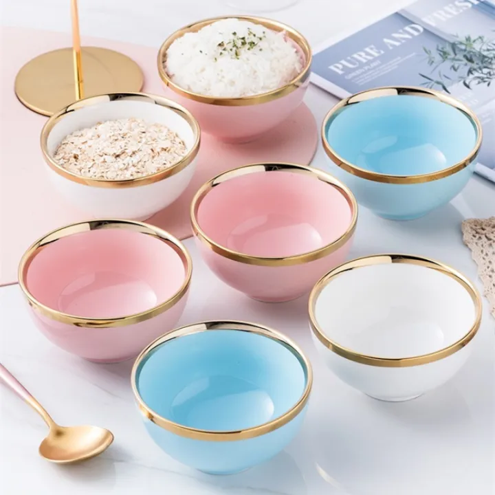 Simple Nordic Ceramic Rice Bowl Gold Inlay Single Home Soup Fruit Salad