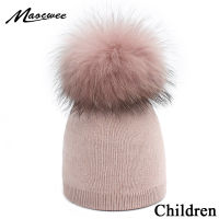 Childrens Knit Beanie Hat Dyeing Raccoon Fur Pom Pom Winter Hat Boy Girl Warm Skullies Bone nd Kids Baby Soft Cap