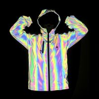 New Chest Zipper Jacket Autumn and Winter New Colorful Reflective Jacket Rainbow Color Luminous Jacket 〖WYUE〗