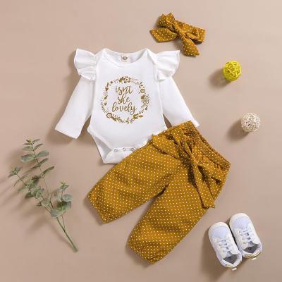 PatPat 2021 New Spring and Autumn 3-piece Baby Girl Letter Print Ruffled Bodysuit and Polka Dots Pants with Headband Set