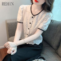 REHIN Women S Top White Lace Bubble Sleeve Short Sleeve Shirt Small Niche Elegant Blouse