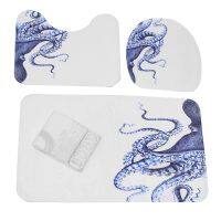 4Pcs Home Bathroom Decor Set Blue Octopus Pattern Toilet Seat Cover Bath Mat Set+Waterproof Shower Curtainblue Octopus