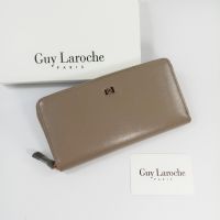 Guy Laroche กระเป๋าสตางค์ผู้หญิงใบยาว ซิปรอบ สีโอวัลติน หนังลาย ผิวเงา อะไหล่สีทอง ของแท้100%