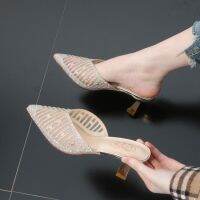 Women summer versatile pointed net rhinestone half slippers small high heel