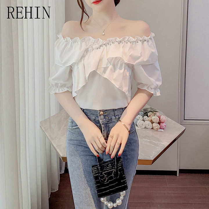 rehin-เสื้อผู้หญิงสไตล์ฝรั่งเศสสุดขอบใบบัวคอวีโชว์ไหปลาร้าไหล่ข้างเดียวพร้อมเสื้อเสื้อหรูหราไข่มุกแขนพอง