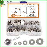 HENRI 325pcs เหล็กไร้สนิม แหวนหมุดย้ำ #6 #2 #8 3/16 "1/4" เครื่องสำรองข้อมูล เครื่องซักผ้าแบบแบน ชุดจัดประเภท เงินสีเงิน วงแหวนคละแบบ หมุดยิงตะปู