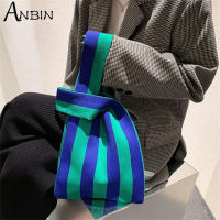 Womens Winter Japanese Knot Casual Color Wide Stripe Handbag Knitted Shoulder Bag Student Capacity Reusable Shopping Bags