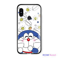 UCUC เคสโทรศัพท์เคสสำหรับ Xiaomi Redmi Note 5 แก้วโทรศัพท์มือถือกรณีโทรศัพท์มือถือการ์ตูนโดราเอมอนแมวกรณีเคลือบเงากระจกกลับขอบนุ่มปกปลอก