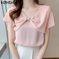 Vonda เสื้อเบลาส์ลําลอง คอวี แขนสั้น สีพื้น สไตล์เกาหลี สําหรับผู้หญิง