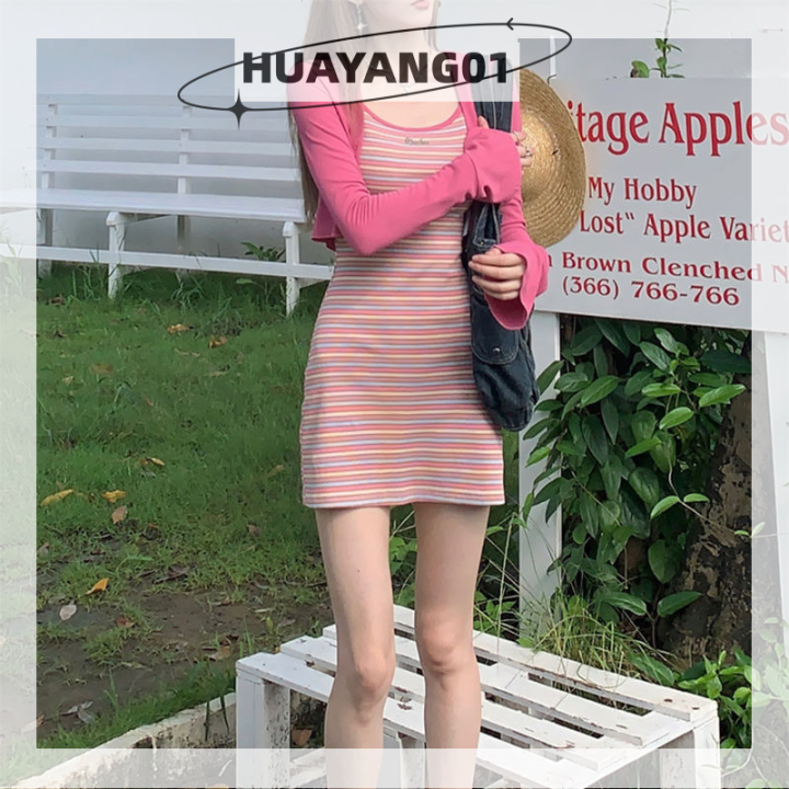 huayang01ชุดมินิเดรสวันหยุดผู้หญิงลายทางสีรุ้ง-เสื้อคาร์ดิแกนเนื้อบางฤดูร้อน2023ฤดูร้อน