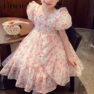 2023 New Korean Fashion Summer Dress Girls Vintage Cute Kawaii Sweet Elegant Floral Loose Casual Square Neck Childrens Robes
