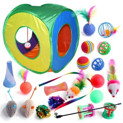 1ชุดของเล่นแมว Interactive สำหรับแมวในร่มอุโมงค์เมาส์ลูกแมวของเล่นแมว Teaser Wand Bell & Rainbow Balls สำหรับแมวในร่ม