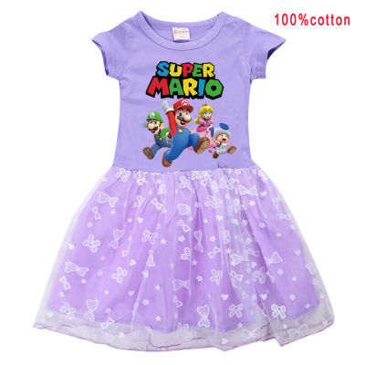 Super Mario Bros ใหม่แขนยาวฤดูใบไม้ผลิและฤดูร้อนเสื้อผ้าเด็กผ้าฝ้าย100% 2-9ปีชุดเดรสตาข่ายชุดเดรสเด็กผู้หญิงเด็กผู้หญิงเด็กน้อย Lesure 0000