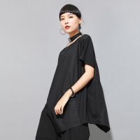 Women Black Asymmetrical Patchwork Plus Size T-shirt 2021 Summer New Short Sleeve Loose Casual T Shirt Tops Clothes Fashion Tide