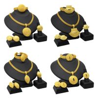 24K Gold Plated Dubai Necklace Earrings Ring Bracelet Set Indian Bridal Jewelry