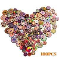 100pcs Retro Round Buttons Diy Hand-sewing Process Printing Wood Chips 15/20/25mm Two-holes Button for Clothes Decoration