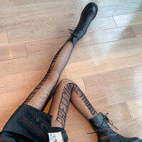 ผู้หญิง Hollow Out Fishnet Tights Gothic Punk ด้านข้าง Jacquard Pantyhose หญิงสีดำสูงเอวถุงน่อง