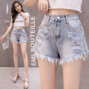 Quần Short Denim Rách Lưng Cao Ống Rộng Thời Trang Mùa Hè Phong Cách Hàn