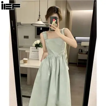 Womens Korean Fashion Summer Mid Length Suspender Dress A Line Casual Gown