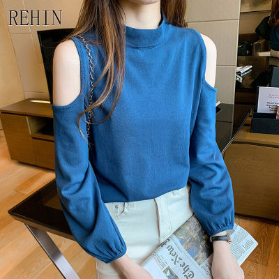 REHIN เสื้อถักแขนยาวผู้หญิง,เสื้อสวมหัวหลวมปิดไหล่2022ฤดูใบไม้ผลิใหม่เสื้อเวอร์ชันเกาหลี