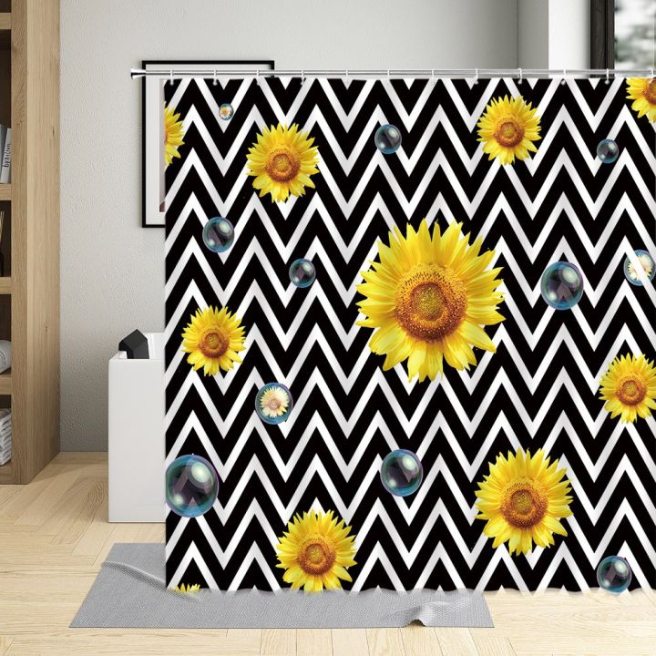 butterfly-sunflower-shower-curtains-nature-yellow-flowers-creative-grey-wooden-board-rural-plant-polyester-fabric-bathroom-decor