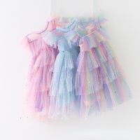 【CW】 Tulle Super Dresses Fly Sleeve Star Sequined Children Mesh Puffy Birthday Vestidos