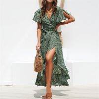 【Ladies shop】 MaxiWomenBeachPrinted Boho LongRobeWrapV คอแยกเซ็กซี่ PartyFemme