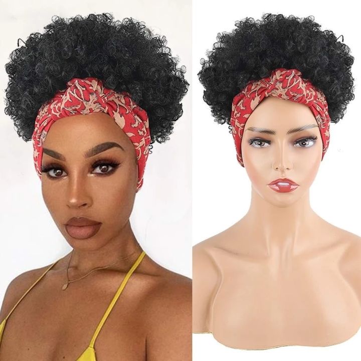 วิกผมคาดศีรษะผ้าพันคอวิกผมสั้น-afro-kinky-curly-วิกผมสั้นวิกผมสีดำสังเคราะห์ห่อวิกผมสำหรับผู้หญิงผิวดำใช้ทุกวัน