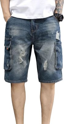 Mens Casual Wide Leg Side Half Jean Shorts Traditional Ripped Distressed Male Short Jeans Comfort Washed Denim Shorts