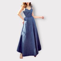 P014-041 PIMNADACLOSET - Thick Spaghetti Strap Sweetheart Sleeveless Denim Side Pocket Long Maxi Dress