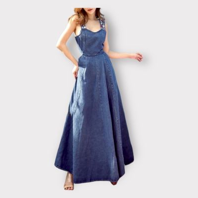 P014-041 PIMNADACLOSET - Thick Spaghetti Strap Sweetheart Sleeveless Denim Side Pocket Long Maxi Dress