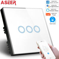 ASEER,UK มาตรฐาน1000W สวิตช์ไฟอัจฉริยะ3แก๊ง1ทาง,สัมผัส Wifiapp รีโมทคอนลสวิตช์ WiFi 220V,แผงกระจกคริสตัลสีขาว