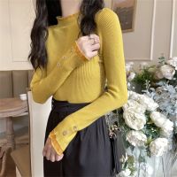 Autumn 2021 Korean Candy Color Half High Neck Slim Fit Grey Top Chic Long Sleeve Knitted Bottomed Blouse Women Rac