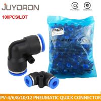 100pcs/Pack Pneumatic Fittings PV series 4 6 8 10 12MM OD L Type Flow Speed Tube Plastic Quick Air Connectors Pipe Fittings Accessories