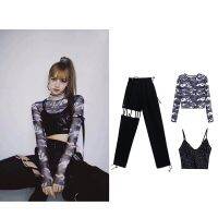 Blackpink Lisa เสื้อยืดแขนยาวลายพราง + กางเกงเอวสูงทรงหลวมสไตล์เกาหลีสําหรับผู้หญิง i