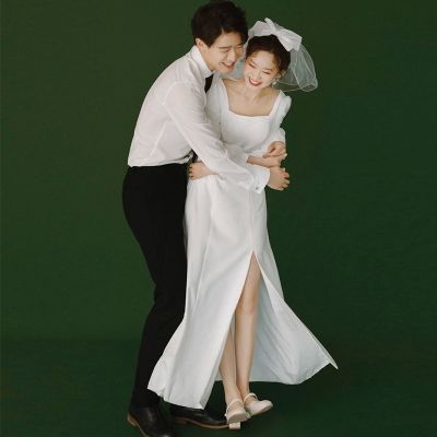 ชุดเดรสสีขาวขนาดเล็กผ้าซาตินสำหรับแขนยาวที่เรียบง่ายชุดเดรส QH020ลูกไม้ฝรั่งเศสสีอ่อนชุดแต่งงาน