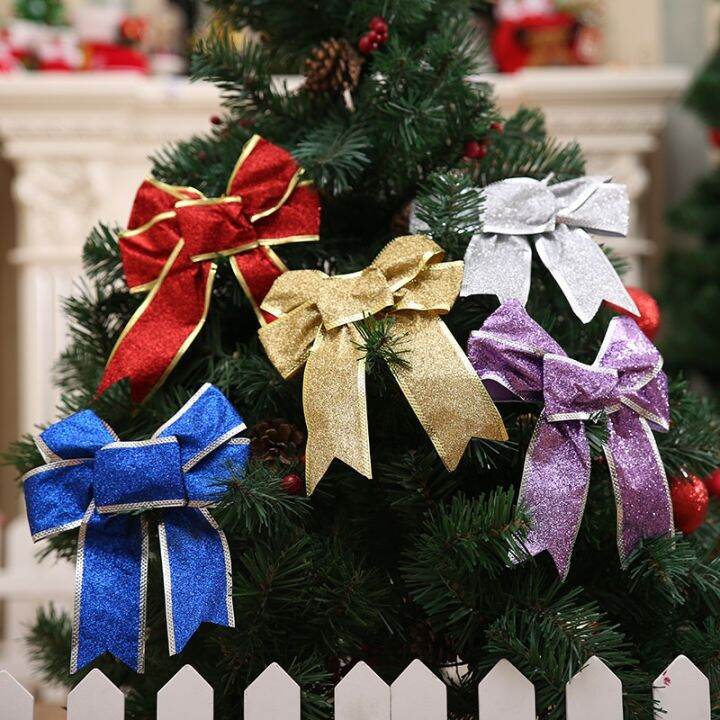 1pcs-24cm-christmas-bow-ตกแต่งเครื่องประดับคริสต์มาส-glitter-powder-bow-christmas-tree-จี้ของขวัญ2022