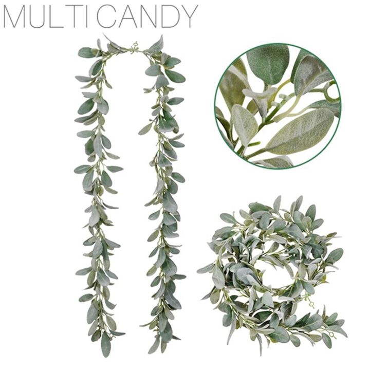 3x-artificial-flocked-lambs-ear-garland-2meter-soft-faux-vine-greenery-and-leaves-for-farmhouse-mantel-decor