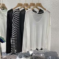 【Ready】? Striped knit blouse womens black pullover ice silk long-sleeved sun protection clothing hollow thin open back loose white top