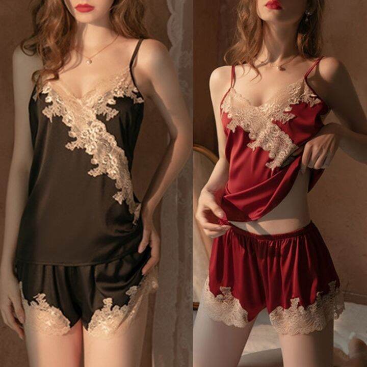 women-contrast-floral-lace-trim-v-neck-camisole-and-shorts-set-satin-nightwear