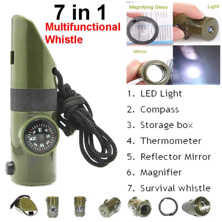 7 in 1 Survival Whistle Compass Thermometer LED Flashlight Mirror Magnifier