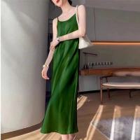 Woman Dress Satin Sleeveless Spaghetti Strap Evening Party Black Sundress Long Wedding Silk Dress Green  Summer New