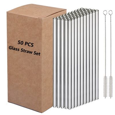 50Pcs Glass Straw Set Reusable Drinking Straws 8 Inch 8mm Juice Tea Smoothie Straws Bent Straight Clear Glass Straws with Brush Barware