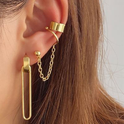 【YF】 IPARAM Trendy Ear Clips for Women Chain Geometric Pendant Earrings Gold Color Silver Cuff Fashion Jewelry Gifts