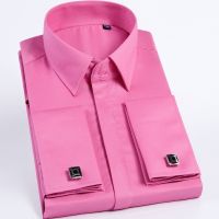 Quality Pink Men French Cufflinks Shirt Mens Shirt Long Sleeve Casual Male Brand Shirts Slim Fit French Cuff Dress Shirts