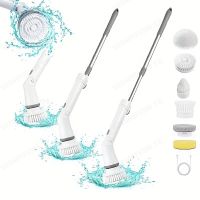 geegostudio 1 Set, Electric Spin Scrubber With 6 Replaceable Brush Head, Adjustable Long Handle Power Cordless Bathroom Scrubber, 90-120 Mins Runtime, Rechargeable Shower Scrubber, Multifunctional Scrubber For Bathroom, Kitchen, Bathtub, Tile, Shower, Car