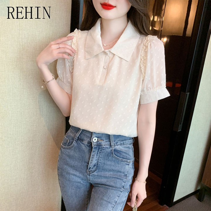 rehin-เสื้อเชิ๊ตผู้หญิง-เสื้อเชิ๊ตผู้หญิงผ้าชีฟองหวานๆแฟชั่นใหม่เสื้อเชิ๊ตลูกไม้ลดอายุเสื้อเสื้อผู้หญิงแขนสั้นฤดูร้อน
