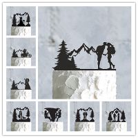 Mountain Outdoor Wedding Cake Topper Backpacking Camping Bride And Groom Hiking Travel Party Engagement Wood Acrylic Decoration