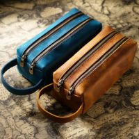 【DT】hot！ Handmade Genuine Leather Pencil Bag Vintage Double Layer Design Zipper Pen Case Cowhide School Large Capacity Storage Pouch